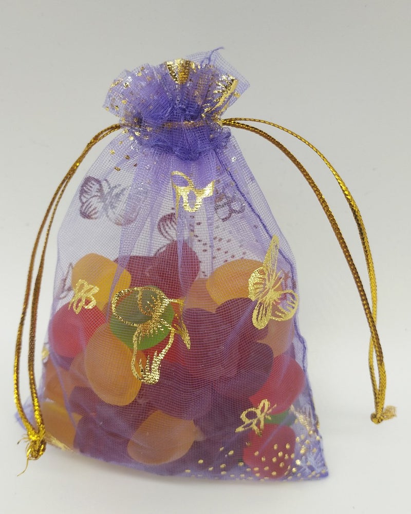 Ankirol 100pcs Mini Sheer Organza Wedding Favor Bags 3.5x4.5'' Luxury Jewelry Candy Gift Card Bags With Gold Line Drawstring Pouches Butterflies (light purple) - Image 5